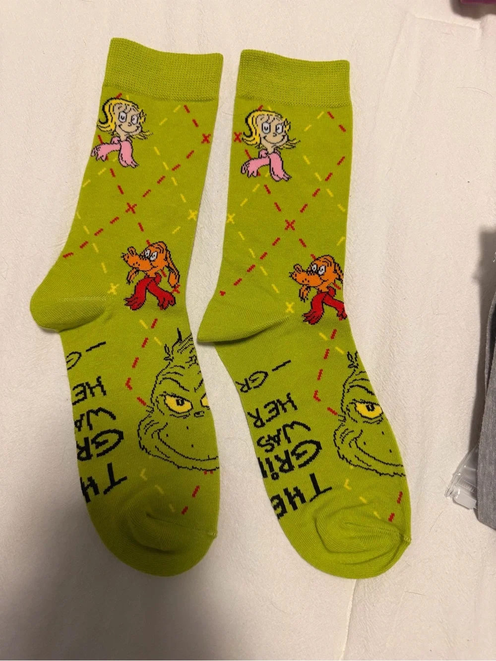 McDonald's Lime Green Grinch Crew Socks with Character Accents